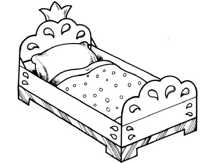 раскраска Одноместная кровать с изголовьем и подножки, матрасы и подушки